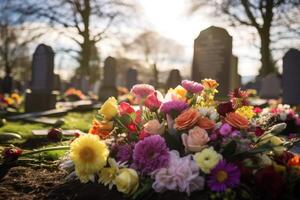 AI generated Floral tributes grace graves in graveyard photo