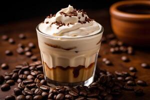 AI generated Coffee in the glass topped whipping cream with coffee beans photo