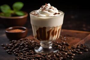 AI generated Coffee in the glass topped whipping cream with coffee beans photo