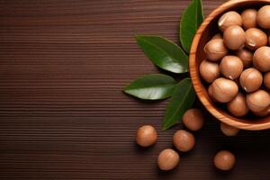 AI generated Tasty Macadamia nuts on brown table, flat lay photo