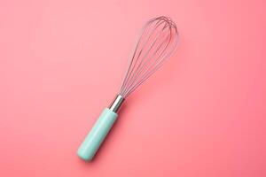 AI generated Metal whisk on color background, top view photo