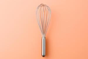 AI generated Metal whisk on color background, top view photo