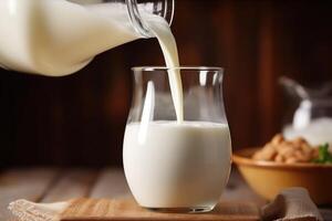 AI generated Pouring tasty fresh milk, closeup. Dairy product photo
