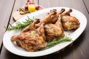 AI generated Tasty cooked rabbit meat with rosemary on white wooden table photo