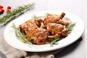 AI generated Tasty cooked rabbit meat with rosemary on white wooden table photo
