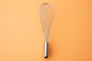 AI generated Metal whisk on color background, top view photo