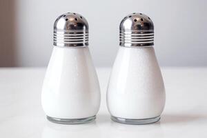 AI generated Salt and pepper shakers on white table, closeup photo