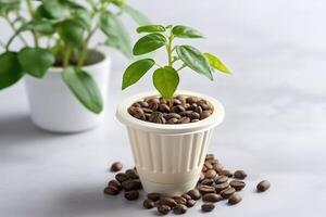 AI generated Coffee capsule with seedling and beans on light grey table, closeup photo