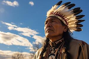 ai generado un hombre en un nativo americano disfraz soportes en frente de un cielo foto