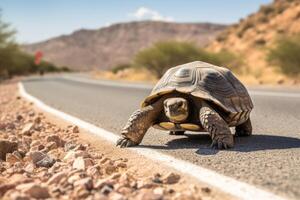 AI generated Tortoise crossing desert road photo