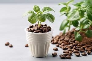 AI generated Coffee capsule with seedling and beans on light grey table, closeup photo