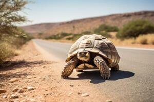 AI generated Tortoise crossing desert road photo