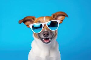 AI generated puppy wearing sunglasses on blue background half body summer vacation photo