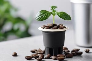 AI generated Coffee capsule with seedling and beans on light grey table, closeup photo