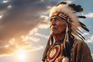 AI generated A man in a native american costume stands in front of a sky photo