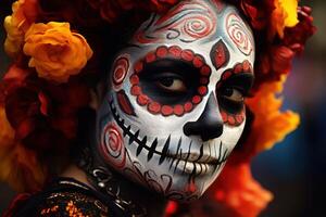 AI generated A person with their face painted and decorated for the Day of the Dead Parade photo