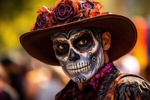 AI generated A person with their face painted and decorated for the Day of the Dead Parade photo