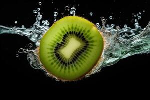 AI generated A slice of kiwi splashing into a splash of water photo