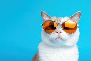 AI generated Cat wearing sunglasses on blue background half body summer vacation photo