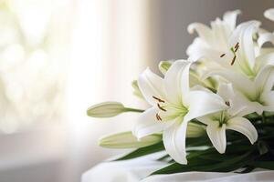 AI generated Funeral concept image with lily flowers shallow photo