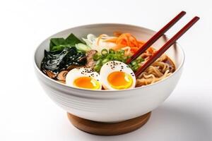 AI generated Delicious vegetarian ramen in bowl and chopsticks on white table, closeup photo