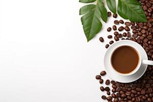AI generated Top view a coffee beans glass of coffee in the corner side on white background photo