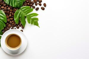 AI generated Top view a coffee beans glass of coffee in the corner side on white background photo