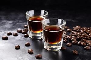 ai generado Disparo lentes con café licor y frijoles en gris texturizado mesa, espacio para texto foto