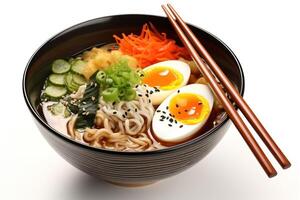 AI generated Delicious vegetarian ramen in bowl and chopsticks on white table, closeup photo