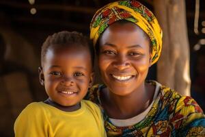 ai generado un madre y un hijo sonrisa para el cámara foto