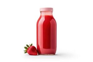 AI generated Strawberry juice bottle seen from the front on a white background photo
