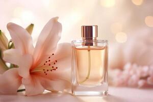 AI generated Bottle of perfume and beautiful lily flowers on table against beige background photo
