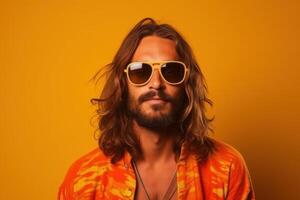 ai generado hippie hombre en Gafas de sol en naranja antecedentes foto