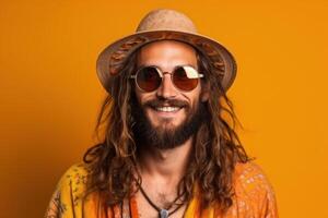 ai generado hippie hombre en Gafas de sol en naranja antecedentes foto