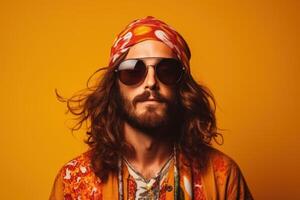 ai generado hippie hombre en Gafas de sol en naranja antecedentes foto