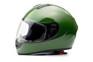 ai generado un verde motocicleta casco en blanco antecedentes foto