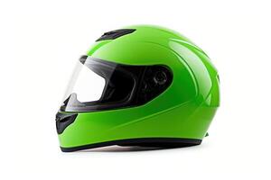 ai generado un verde motocicleta casco en blanco antecedentes foto