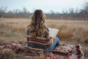 ai generado joven mujer leyendo libro en picnic cobija en campo foto