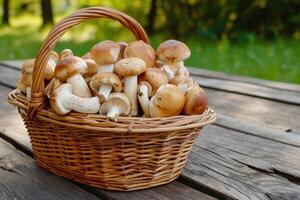 AI generated Wicker basket with fresh wild mushrooms on wooden table outdoors photo