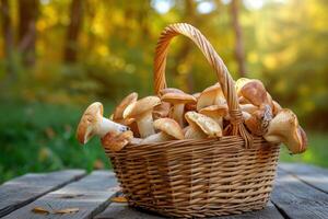 AI generated Wicker basket with fresh wild mushrooms on wooden table outdoors photo