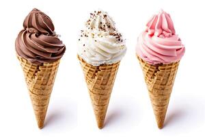 AI generated 3 Ice cream flavors with cone on white background clipped photo