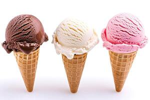 AI generated 3 Ice cream flavors with cone on white background clipped photo