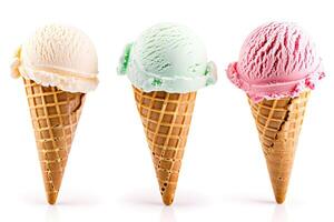 AI generated 3 Ice cream flavors with cone on white background clipped photo