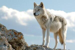 AI generated Capture a lone wolf standing on a rocky outcrop, its gaze fixed on the distant horizon photo