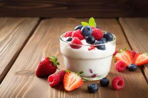 ai generado dieta concepto con llanura bajo grasa griego yogur Fresco frutas y de madera antecedentes foto