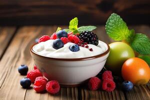 AI generated Diet concept with plain low fat Greek yogurt fresh fruits and wooden background photo