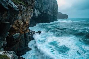 AI generated Highlight the raw, untamed beauty of a roaring ocean against rugged coastal cliffs photo