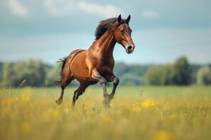 AI generated Highlight the movement and beauty of a galloping horse running freely photo