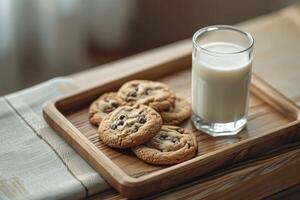 ai generado un de madera bandeja con galletas y un vaso de Leche foto