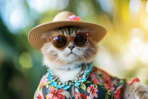 AI generated A cute cat wearing a hat with sunglasses and a Hawaii dress happily poses photo